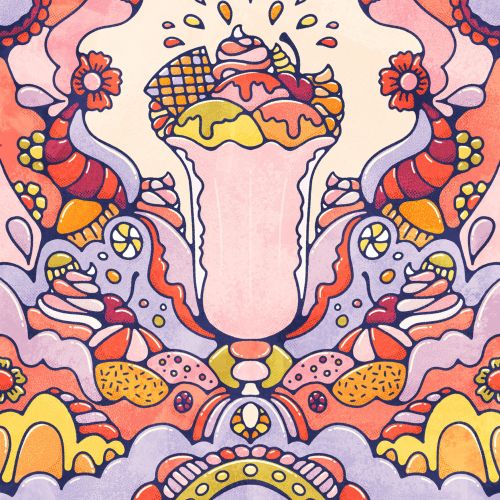 Delicious ice-cream sundae surrounded by eye watering candy and psychedelic patterns