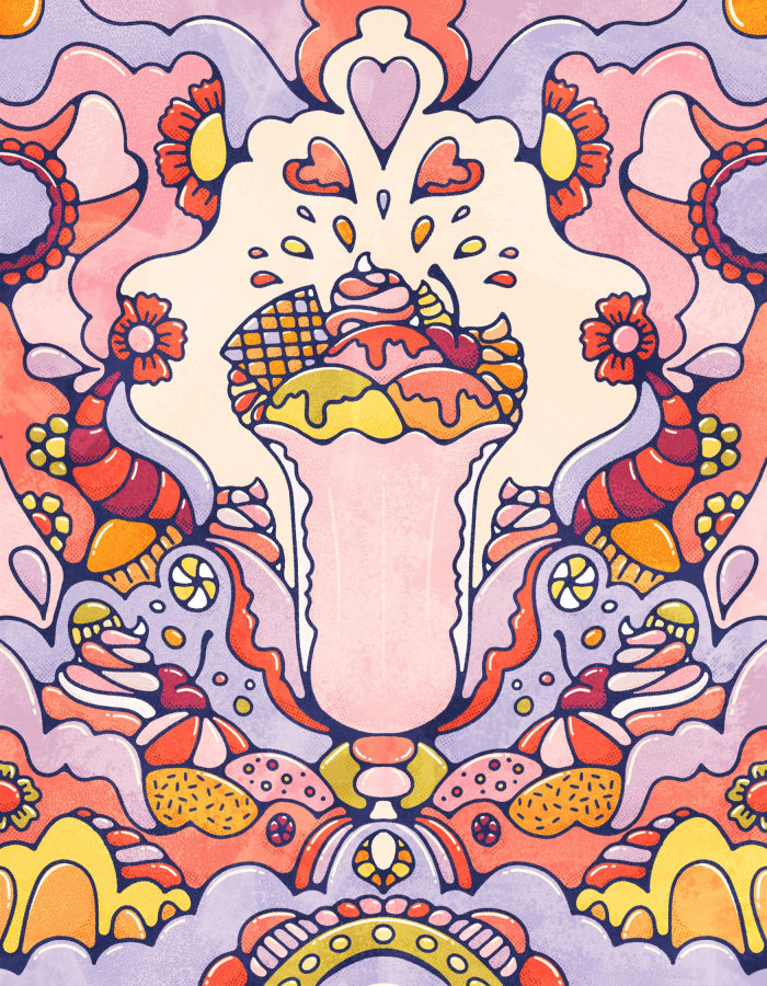 Delicious ice-cream sundae surrounded by eye watering candy and psychedelic patterns