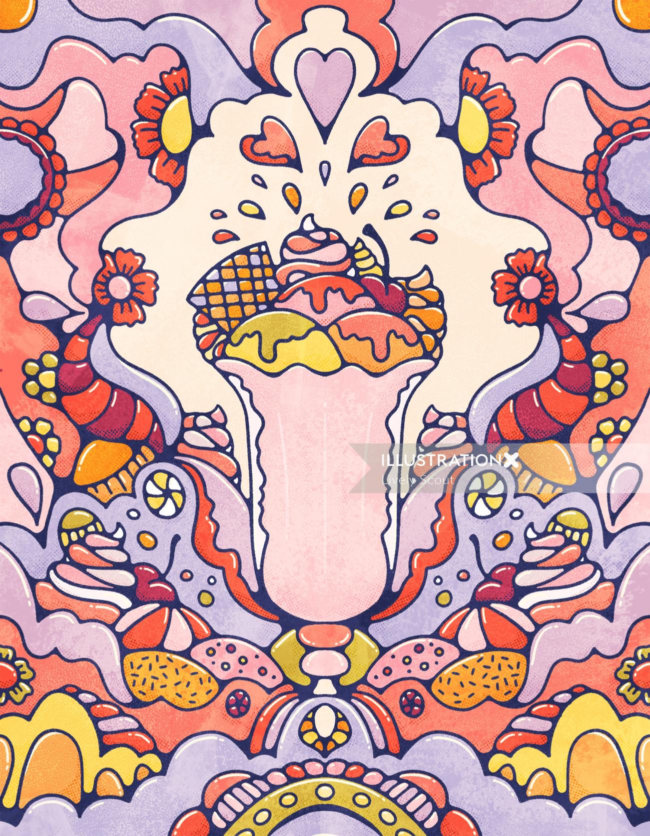 Delicious ice-cream sundae surrounded by eye watering candy and psychedelic patterns