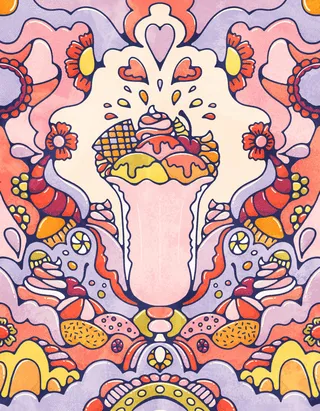 Sweet ice cream sundae with candy and trippy designs