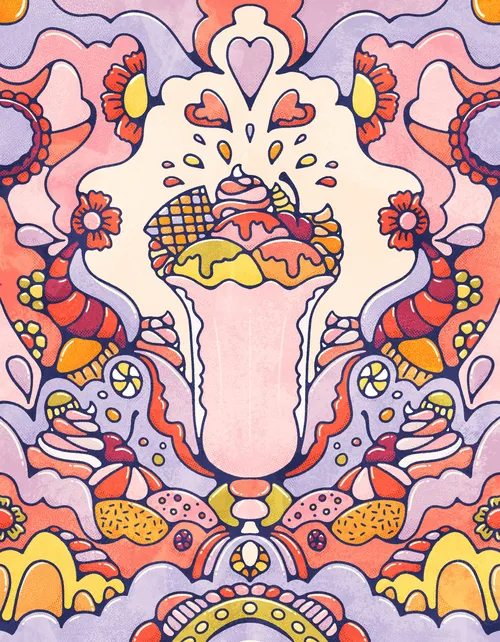 Sweet ice cream sundae with candy and trippy designs