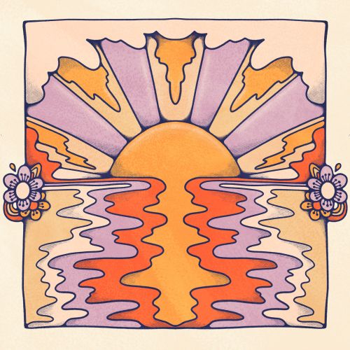 Orange, gold and purple sunset with psychedelic ripples over the water