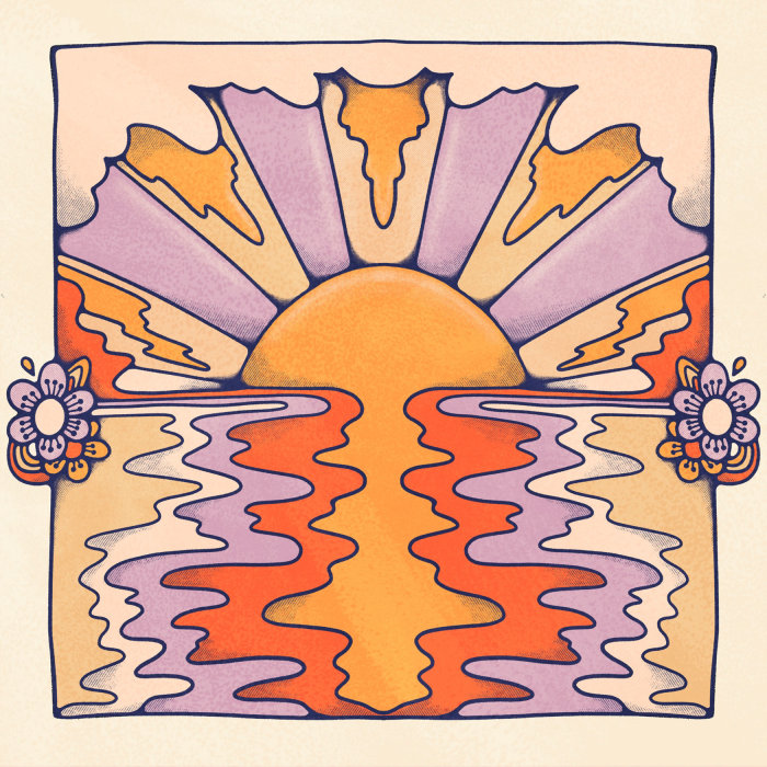 水の上にサイケデリックスの波紋とオレンジ、ゴールド、紫の夕日