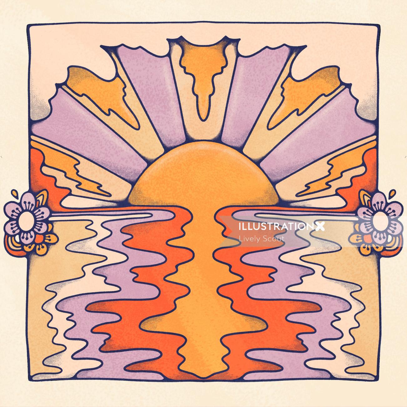 Coucher de soleil orange, or et violet avec des ondulations psychédéliques sur l&#39;eau