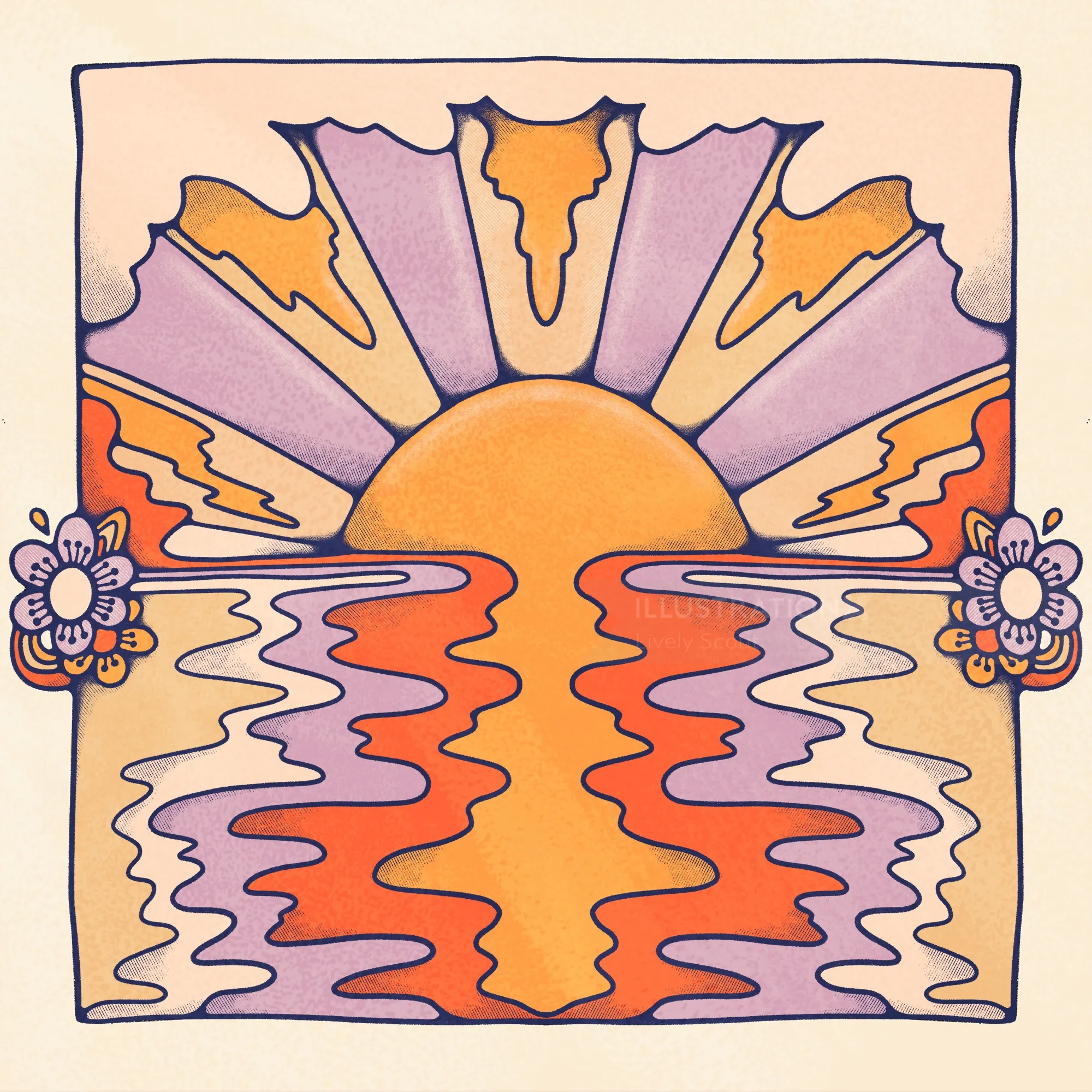 Orange, gold and purple sunset with psychedelic ripples over the water