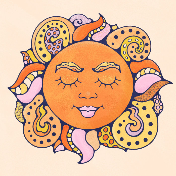 Retro sunshine illustration radiating in geometric patterns and vibrant colours