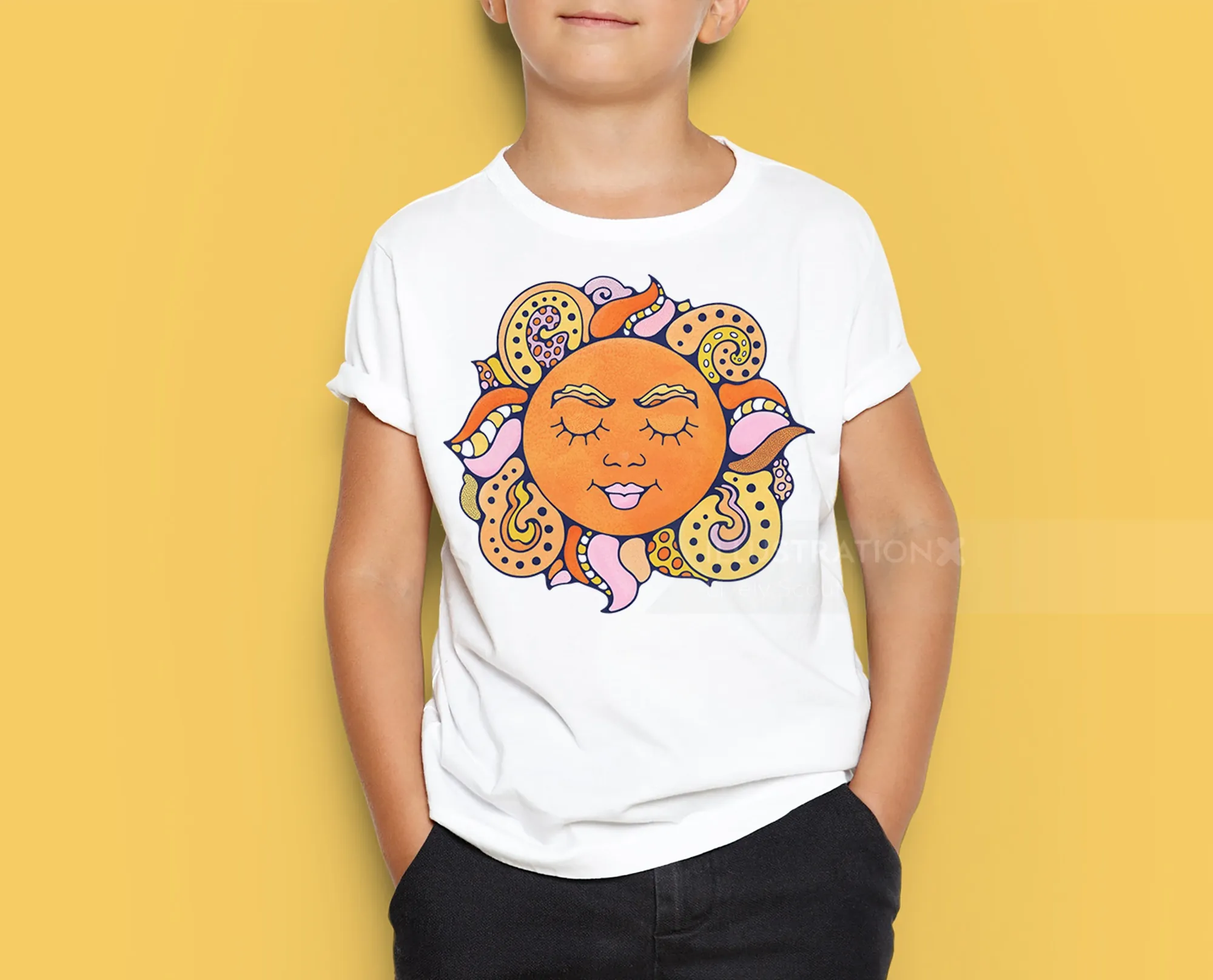 Retro sunshine illustration radiating in geometric patterns and vibrant colours