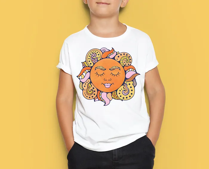 Retro sunshine illustration radiating in geometric patterns and vibrant colours