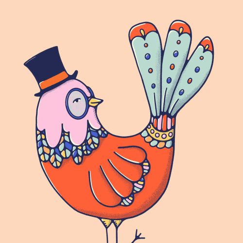 Red bird character illustration in top hat wearing glasses, looking at his big blue tail feathers