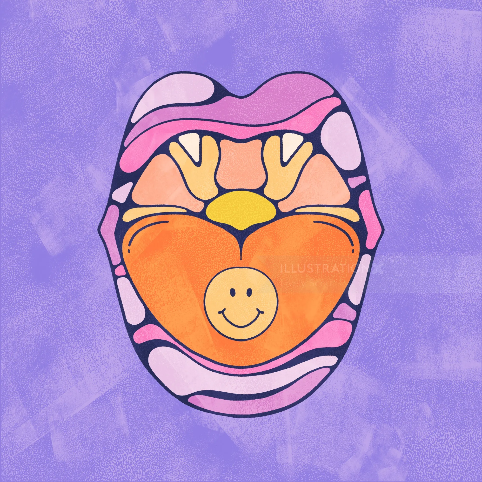 open mouth with brightly patterned lips, smiley face on tongue and sunset in the back of the mouth.