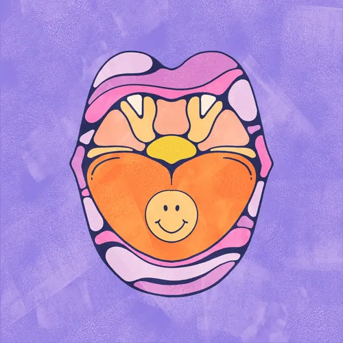 open mouth with brightly patterned lips, smiley face on tongue and sunset in the back of the mouth.