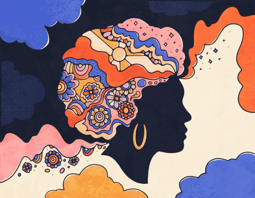Female head and shoulder silhouette with brightly patterned hair exploding into a psychedelic backgr