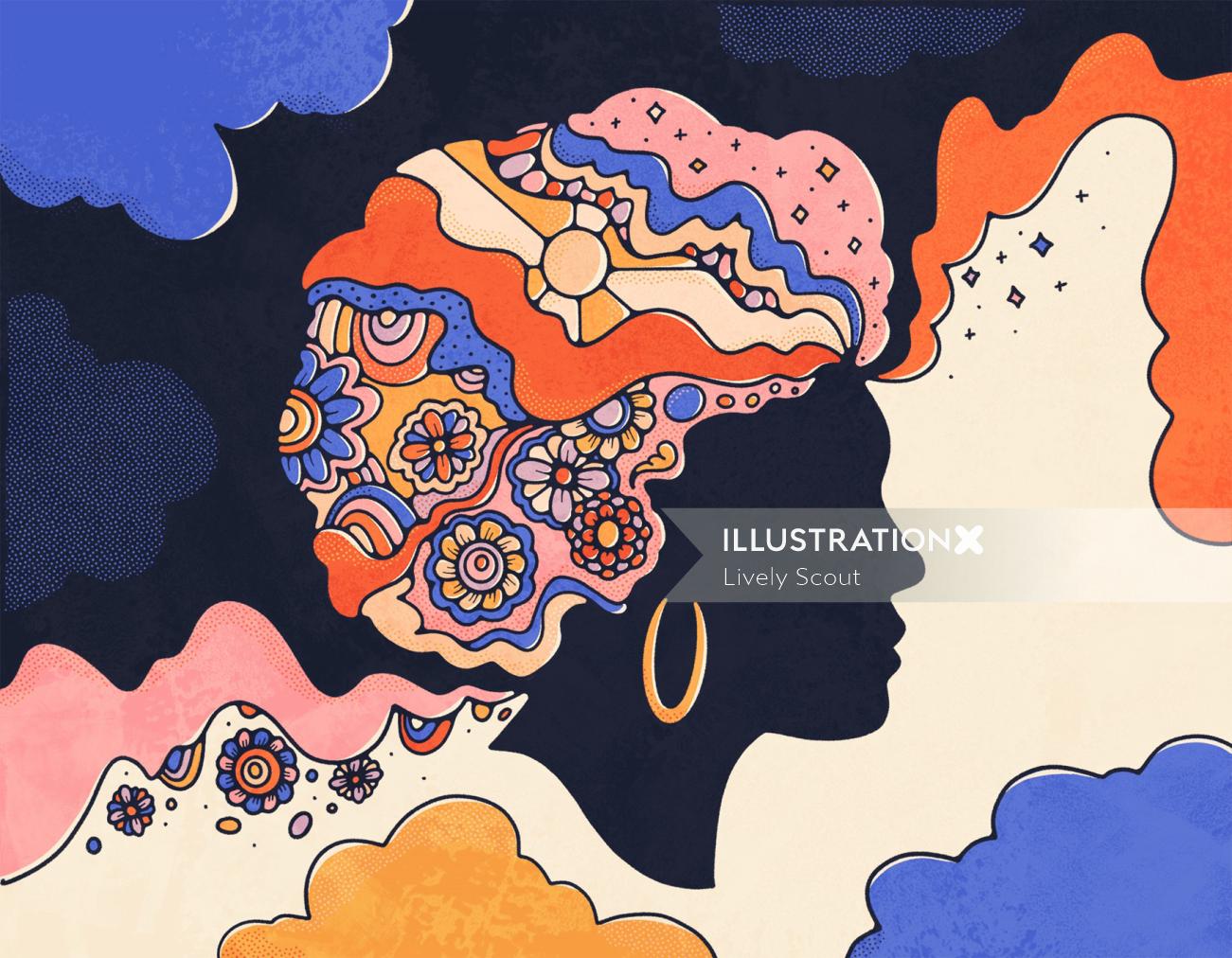 Female head and shoulder silhouette with brightly patterned hair exploding into a psychedelic backgr
