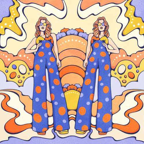 70s-inspired twin jumpsuits on lively backdrop