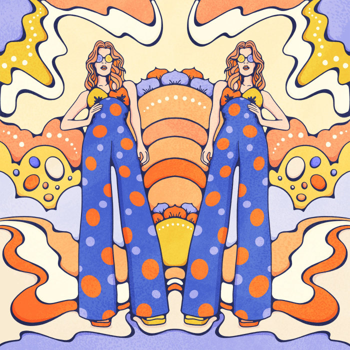 Twins in 70s inspired jumpsuits against bold psychedelic background