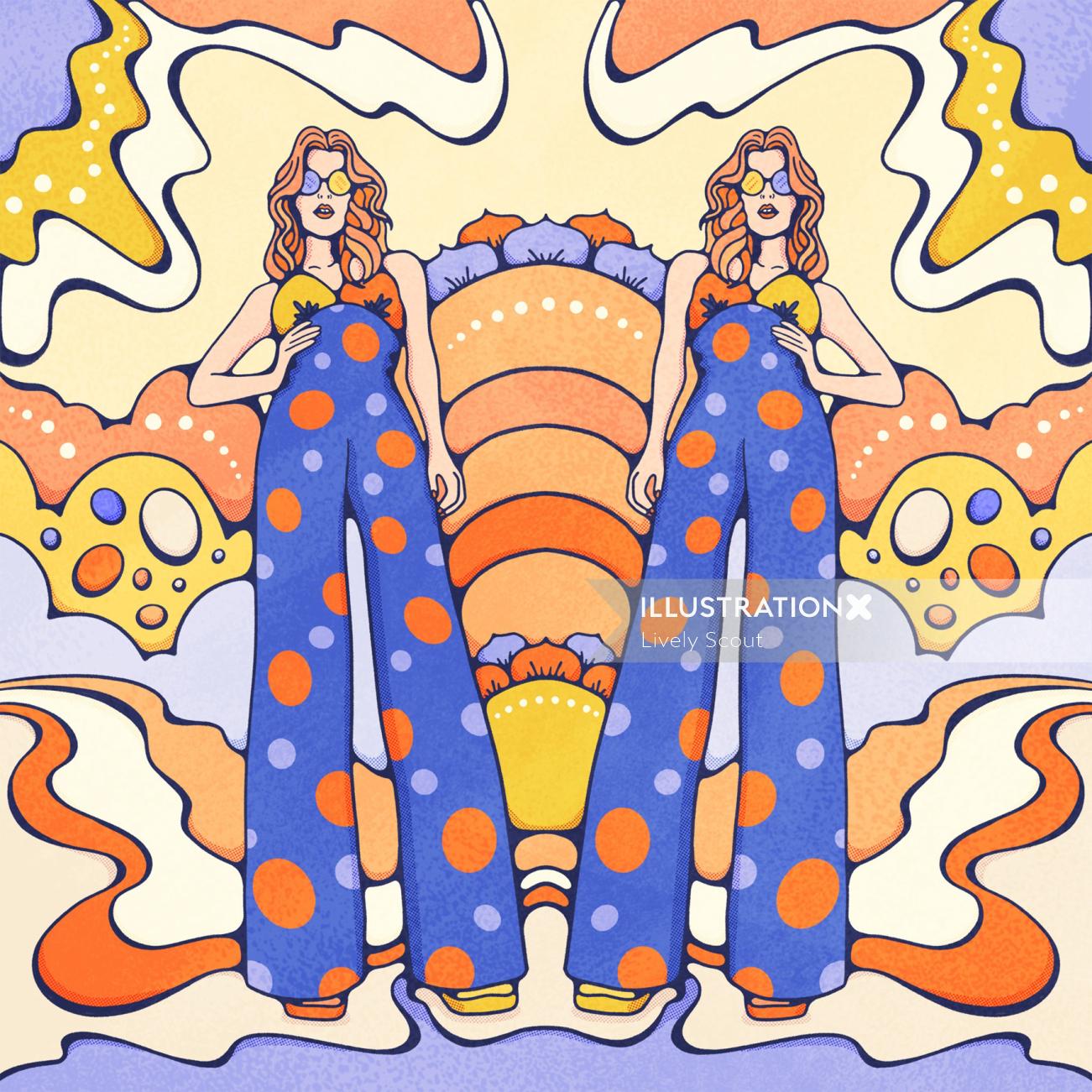 Twins in 70s inspired jumpsuits against bold psychedelic background