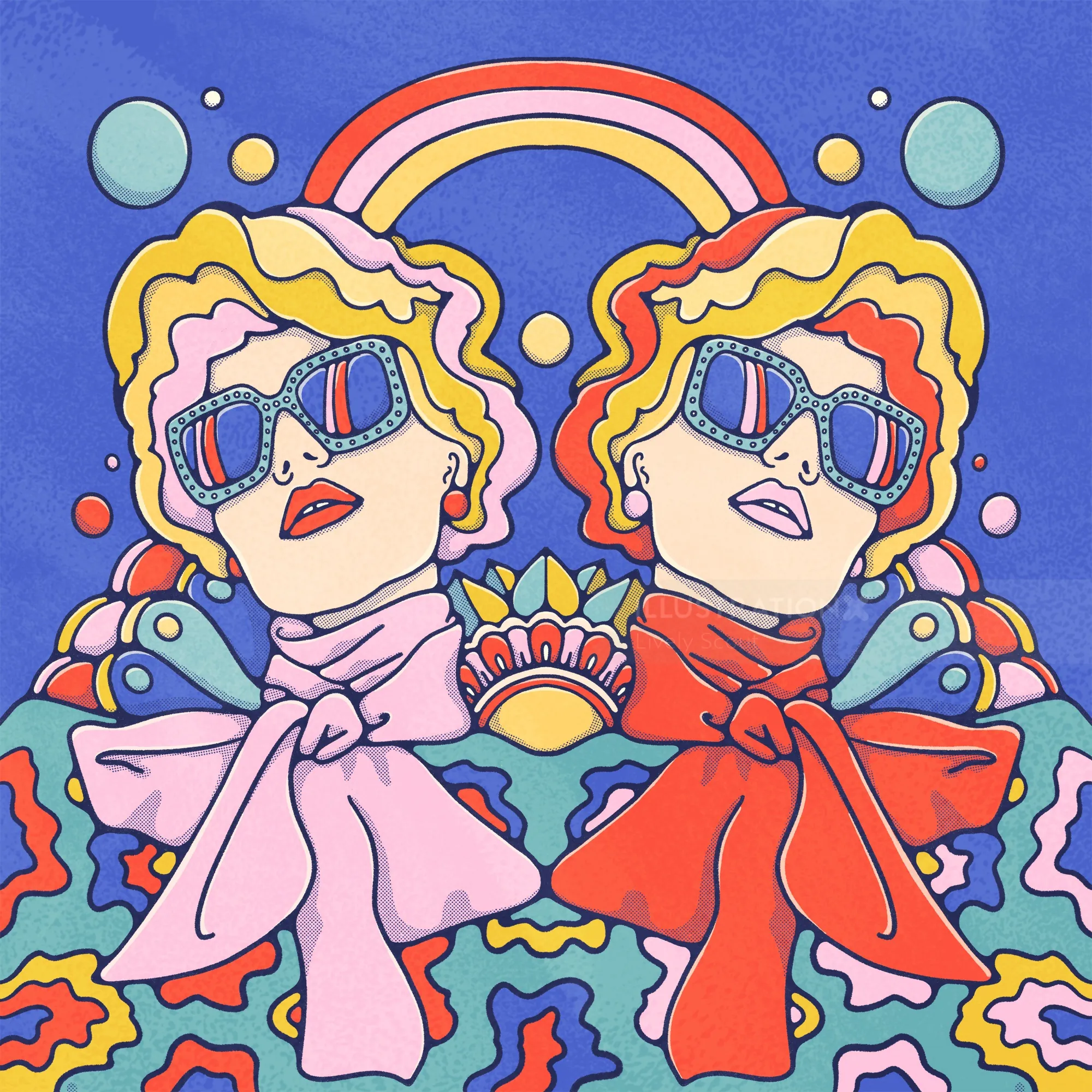 Bold and powerful female portrait reflection again rainbow, wearing sunglasses and neck scarf