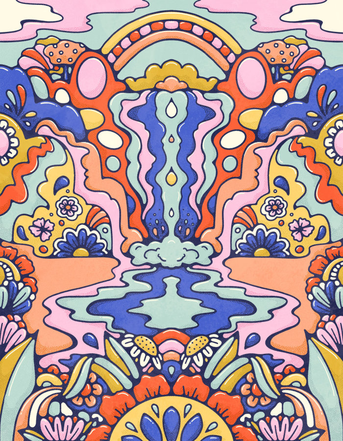 Vivd colourful landscape with running waterfall, bold fowers, psychedelic mountains and rainbow in t