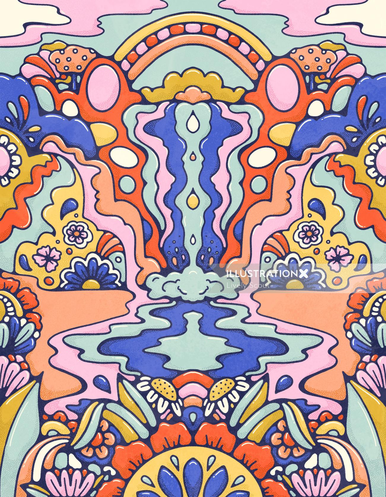 Paysage coloré vif avec cascade en cours d&#39;exécution, fowers audacieuses, montagnes psychédéliques et arc-en-ciel en t