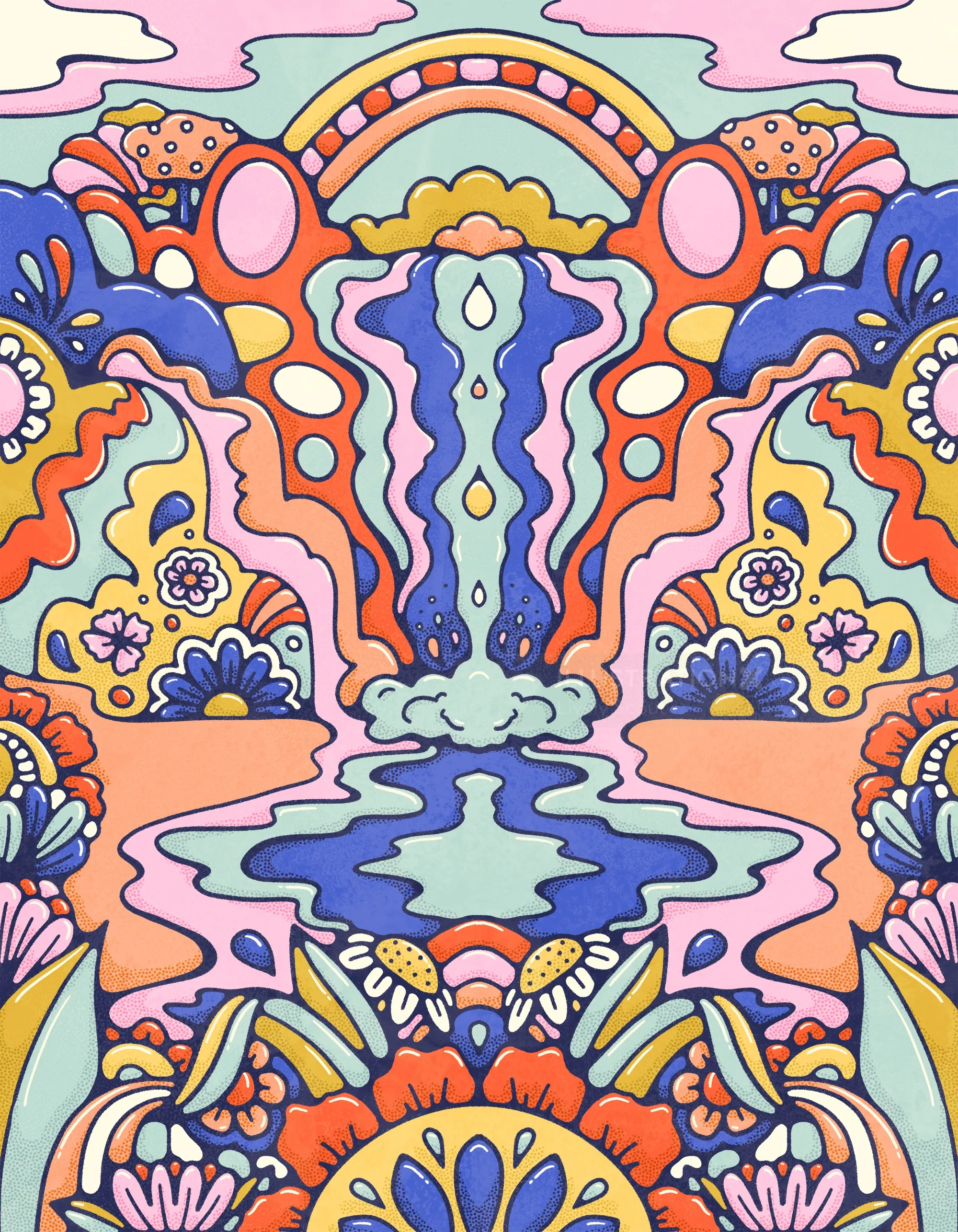 Vivd colourful landscape with running waterfall, bold fowers, psychedelic mountains and rainbow in t