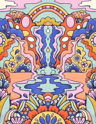 Vivd colourful landscape with running waterfall, bold fowers, psychedelic mountains and rainbow in t