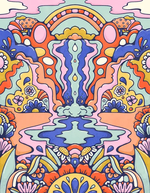 Vivd colourful landscape with running waterfall, bold fowers, psychedelic mountains and rainbow in t