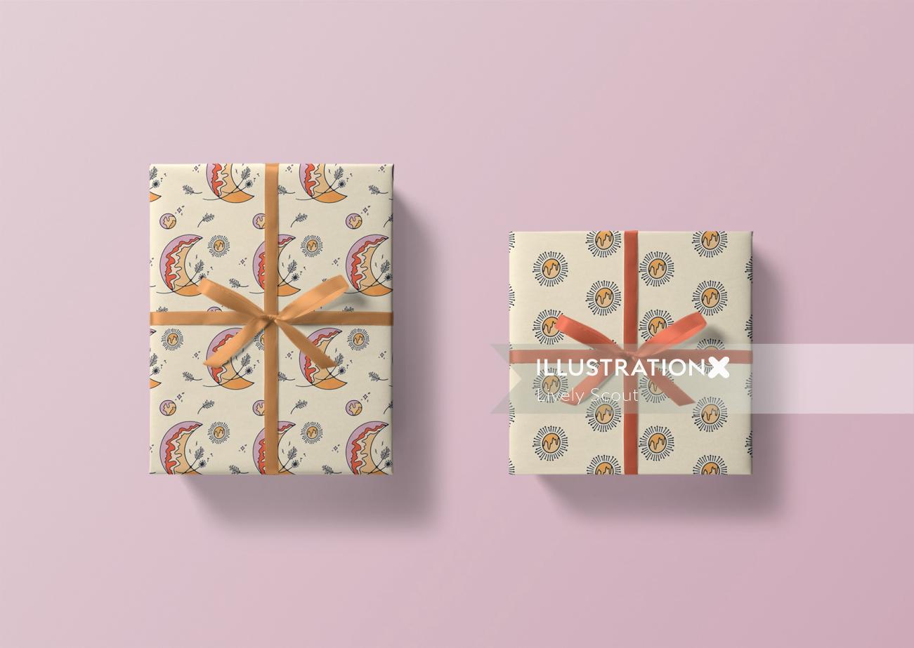 Bohemian inspired wrapping paper featuring a dandelion and moon repeat pattern and sunburst repeat p