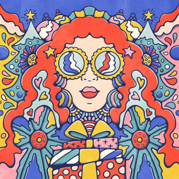 bold colour retro female portrait in sunglasses surrounded by Christmas decorations and presents.