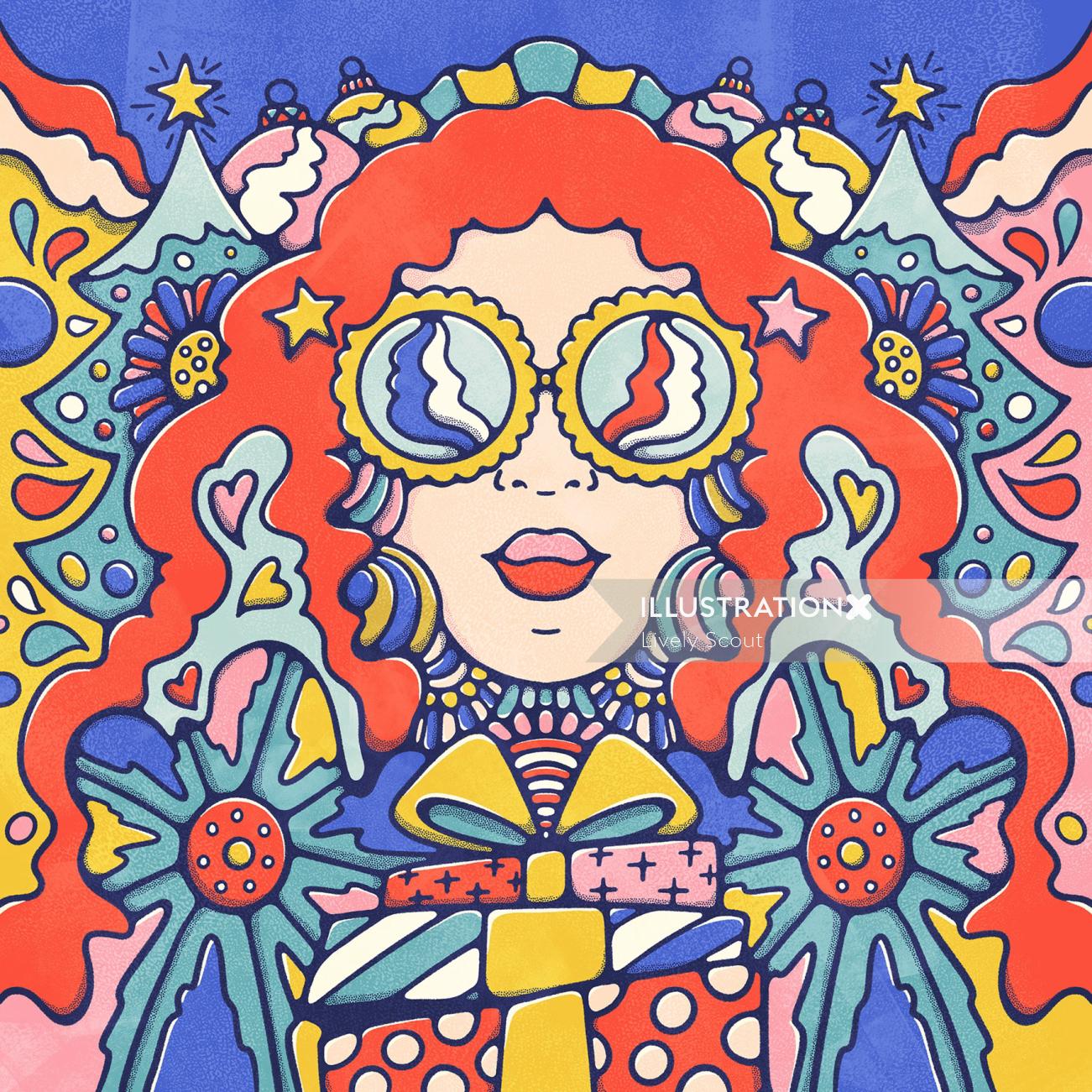 portrait de femme rétro aux couleurs vives dans des lunettes de soleil entourées de décorations et de cadeaux de Noël.