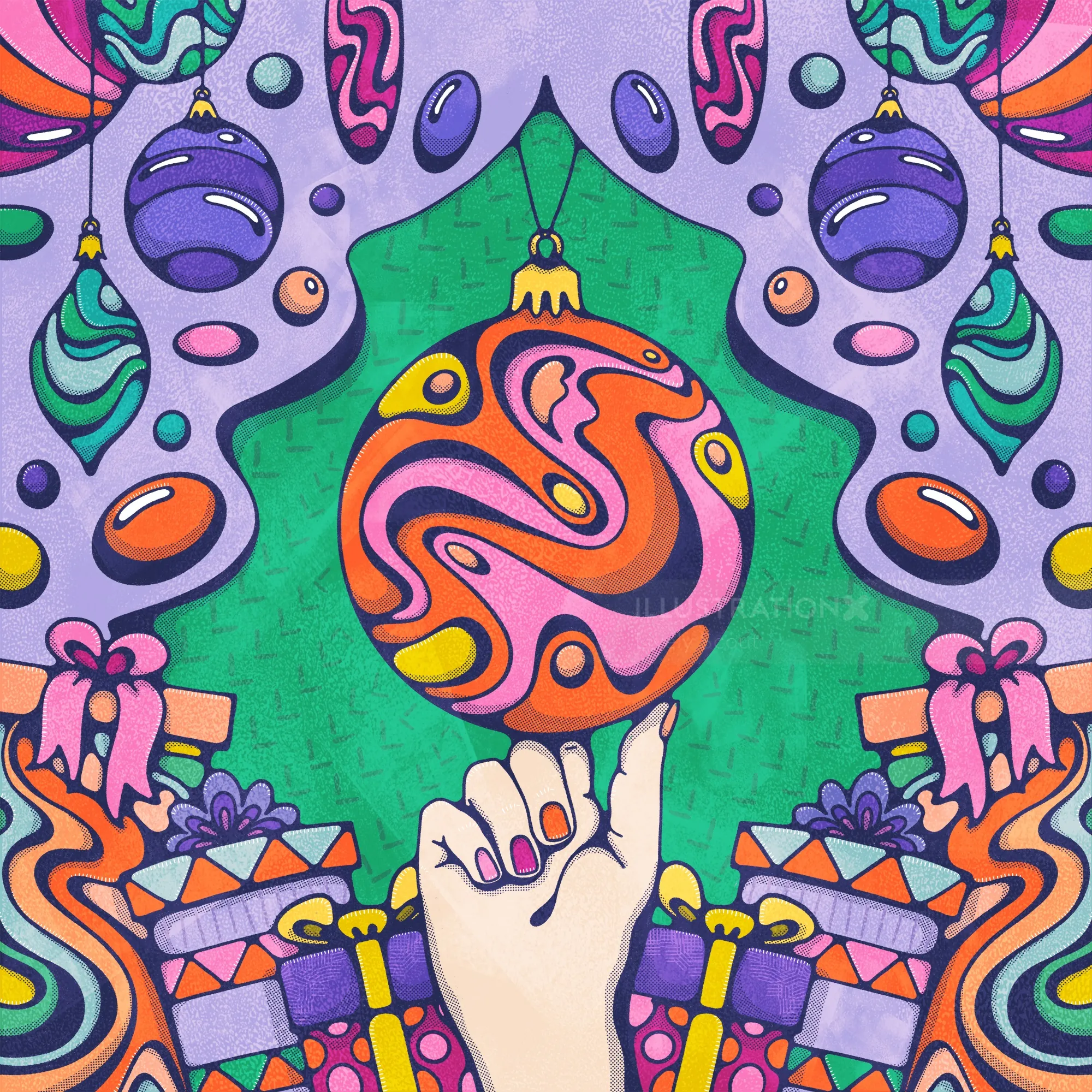 Hand balancing a colorful Christmas ornament amid hanging ornaments and gifts by Lively Scout