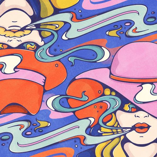 Colorful psychedelic abstract faces wearing hats with swirling patterns by Lively Scout