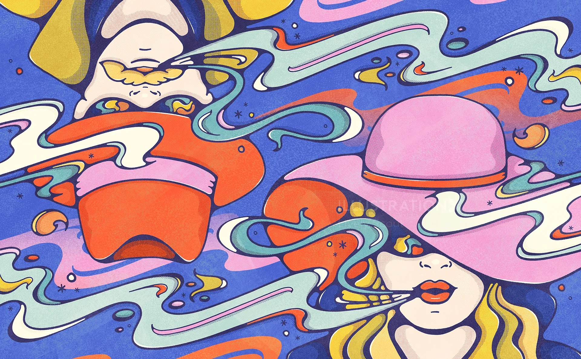 Colorful psychedelic abstract faces wearing hats with swirling patterns by Lively Scout