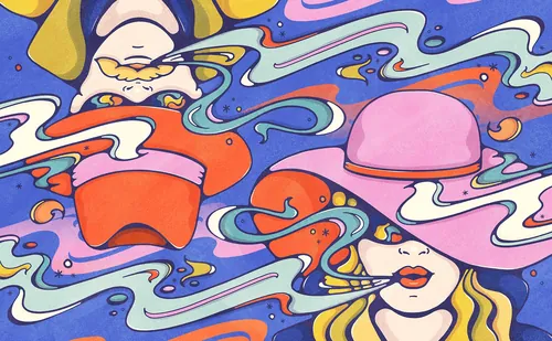 Colorful psychedelic abstract faces wearing hats with swirling patterns by Lively Scout