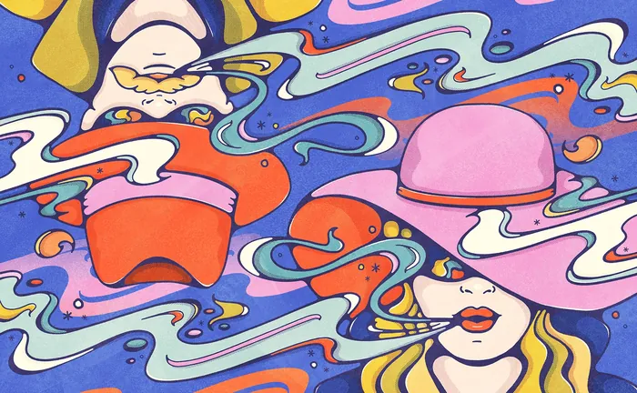 Colorful psychedelic abstract faces wearing hats with swirling patterns by Lively Scout