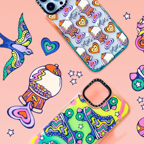 Colorful phone cases and retro stickers by Lively Scout on a pink surface
