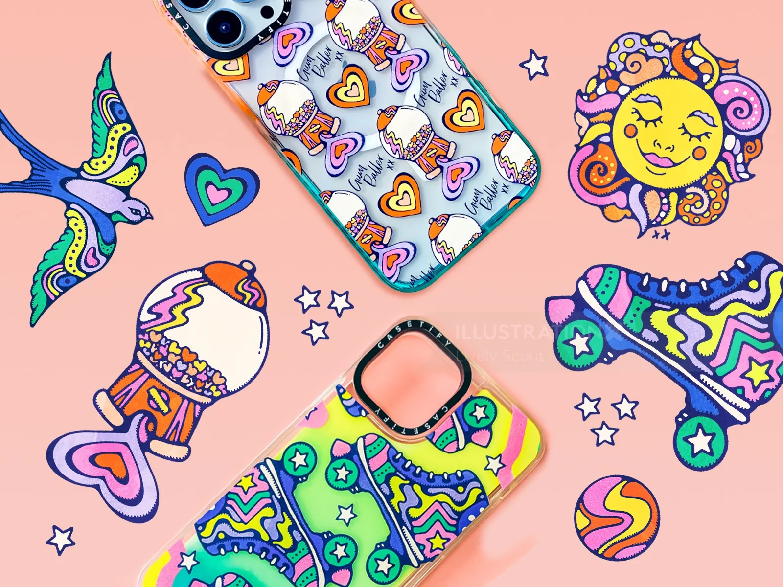Colorful phone cases and retro stickers by Lively Scout on a pink surface