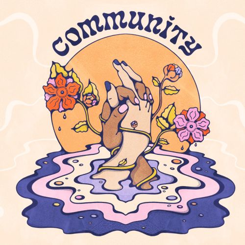 Two hands rising from water surrounded by flowers and the word community, by Lively Scout
