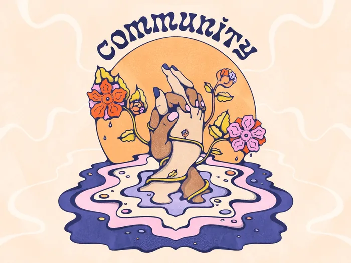 Two hands rising from water surrounded by flowers and the word community, by Lively Scout