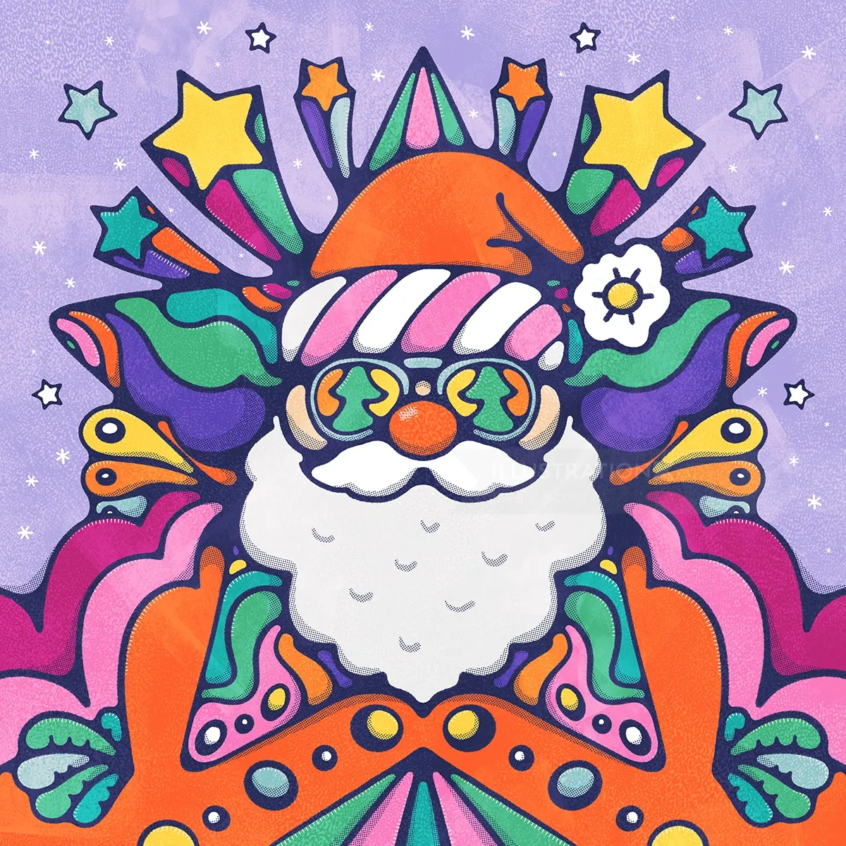 Colorful Santa Claus with stars and bold patterns by Lively Scout
