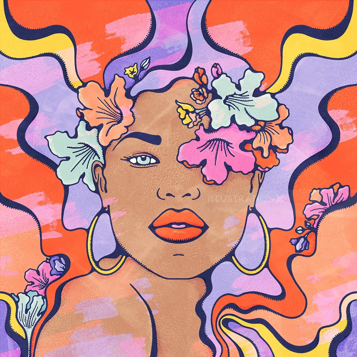 Abstract portrait of a woman with flowers and colorful swirling patterns by Lively Scout