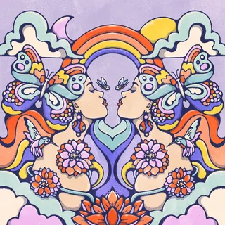 Symmetrical women with butterfly wings and rainbow by Lively Scout