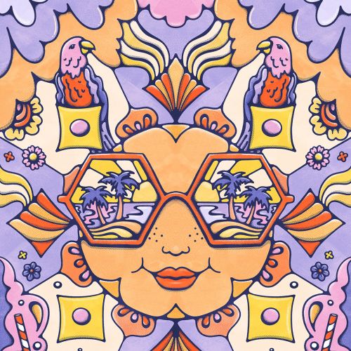 Psychedelic sun with tropical beach reflections in sunglasses by Lively Scout