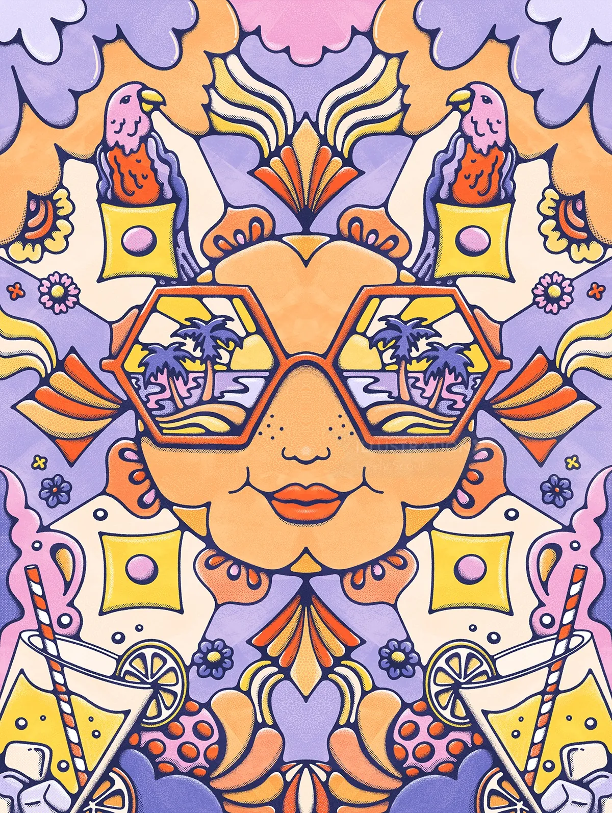 Psychedelic sun with tropical beach reflections in sunglasses by Lively Scout