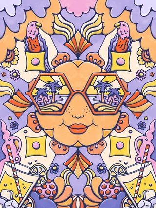 Psychedelic sun with tropical beach reflections in sunglasses by Lively Scout