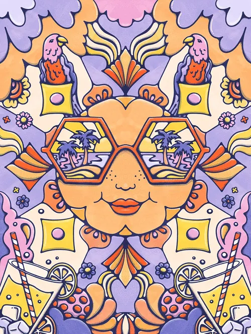 Psychedelic sun with tropical beach reflections in sunglasses by Lively Scout