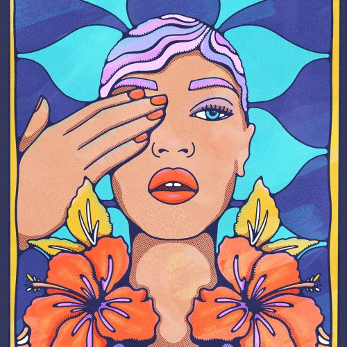 A colorful portrait by Lively Scout of a woman with flowers and blue abstract shapes