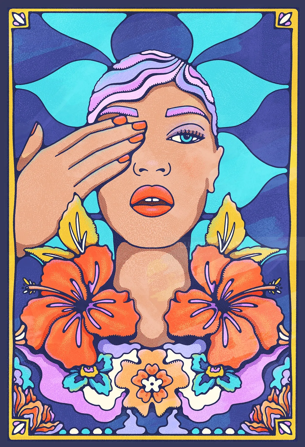 A colorful portrait by Lively Scout of a woman with flowers and blue abstract shapes