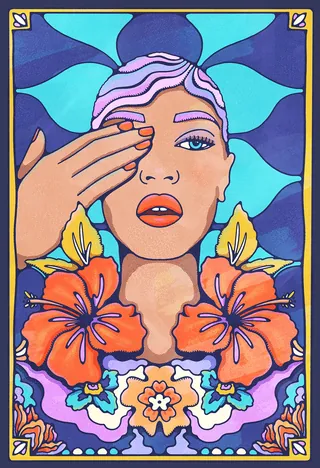 A colorful portrait by Lively Scout of a woman with flowers and blue abstract shapes