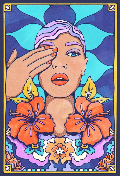 A colorful portrait by Lively Scout of a woman with flowers and blue abstract shapes