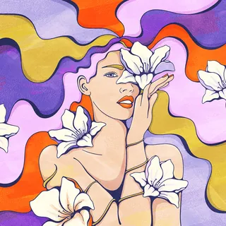 Illustration of a woman with flowing hair and white flowers by Lively Scout